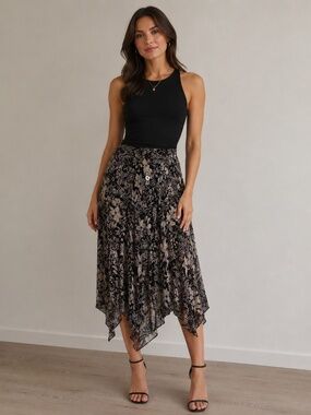 Charter Club Asymmetrical Silk Midi Skirt in Black, Cream & Blue Floral Design.